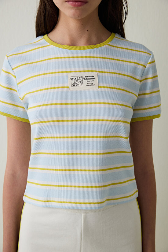 Light Blue Steppe Tulip Crew Neck Striped Crop T-Shirt - Inspired by Flora - 5