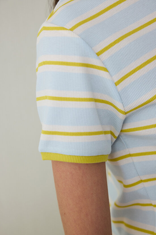 Light Blue Steppe Tulip Crew Neck Striped Crop T-Shirt - Inspired by Flora - 7