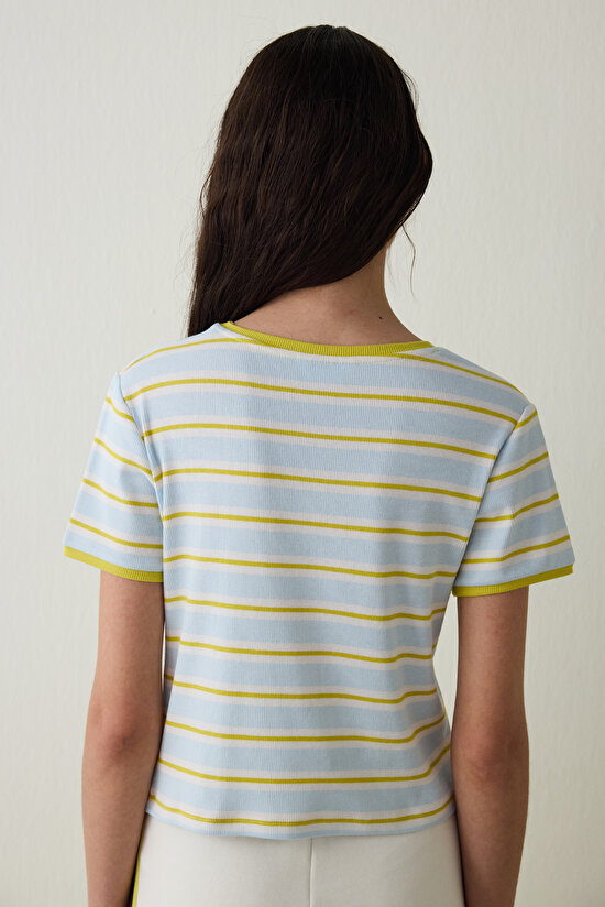 Light Blue Steppe Tulip Crew Neck Striped Crop T-Shirt - Inspired by Flora - 8