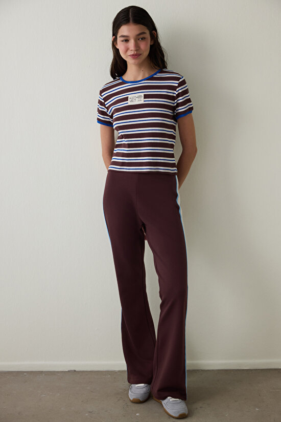 Brown Steppe Tulip Crew Neck Striped Crop T-Shirt - Inspired by Flora - 3