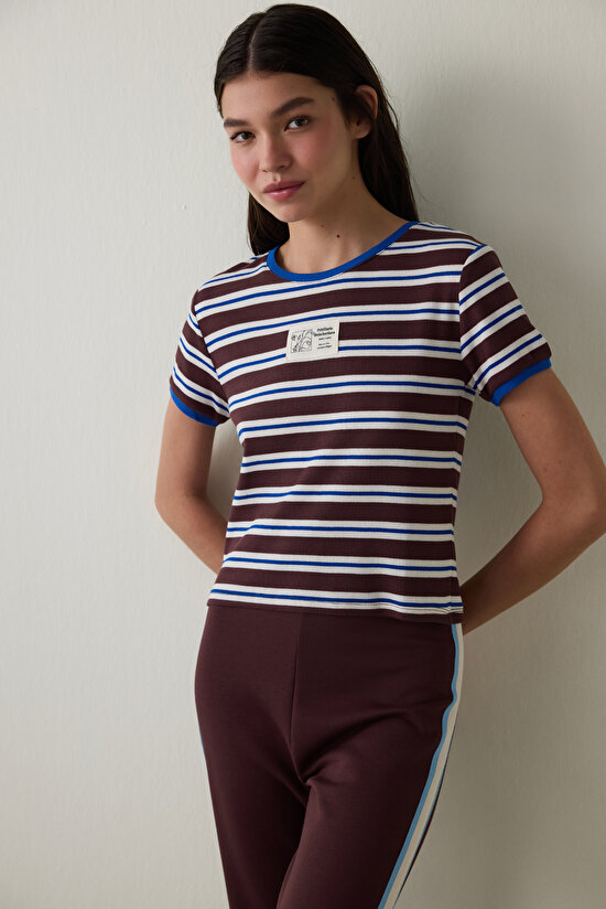 Brown Steppe Tulip Crew Neck Striped Crop T-Shirt - Inspired by Flora - 4