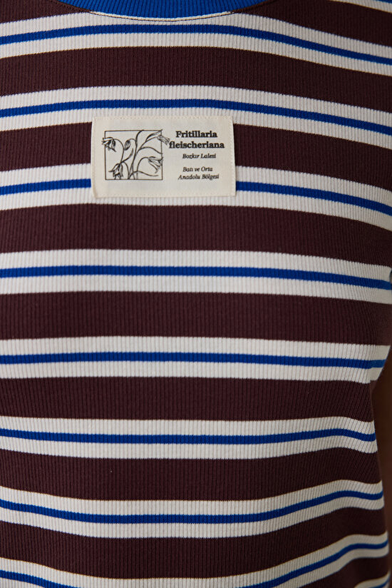 Brown Steppe Tulip Crew Neck Striped Crop T-Shirt - Inspired by Flora - 6