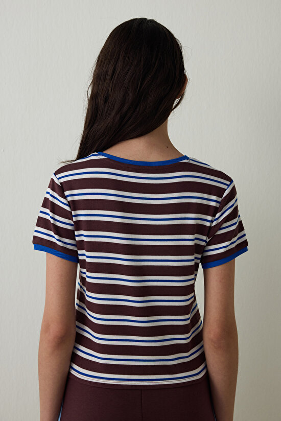 Brown Steppe Tulip Crew Neck Striped Crop T-Shirt - Inspired by Flora - 10