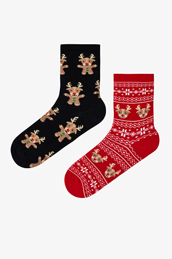 Çok Renkli Unisex Çocuk Reindeer 2li Soket Çorap - 1