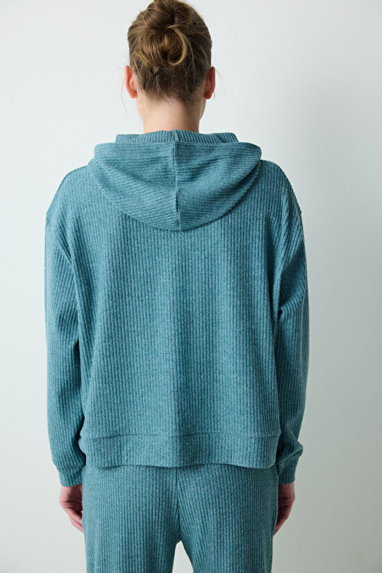 Petrol Yeşili Kapüşonlu Fitilli Yumuşak Sweatshirt - 4