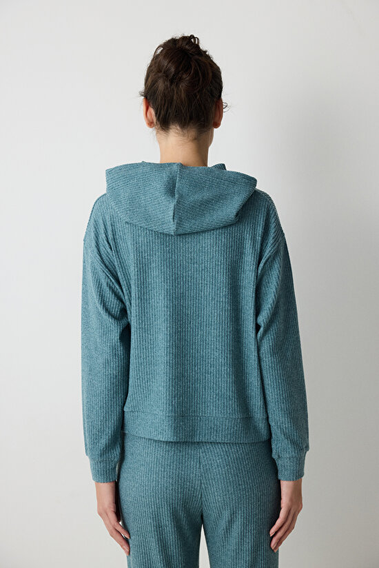 Petrol Yeşili Kapüşonlu Fitilli Yumuşak Sweatshirt - 5