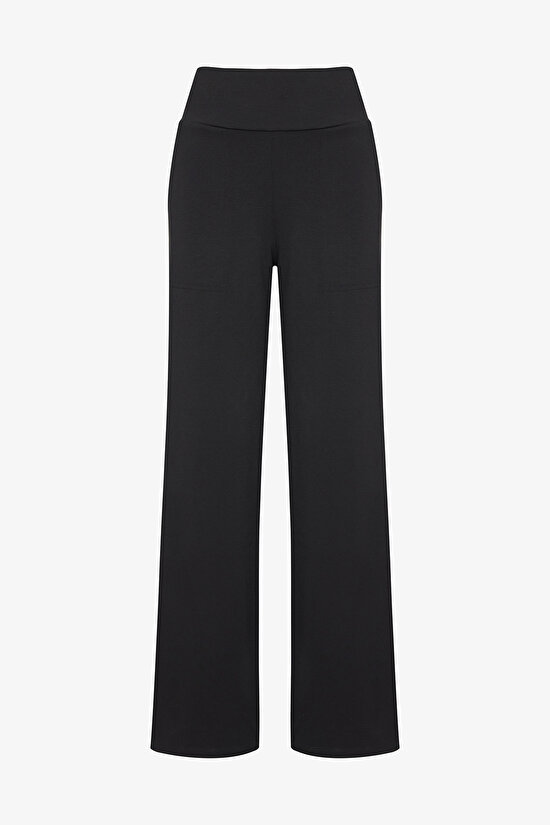 Siyah Yüksek Bel Cepli Geniş Paça Pantolon - 7