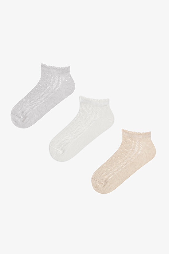 3 Çift Pamuklu Ajurlu Fırfırlı Patik Çorap - 1