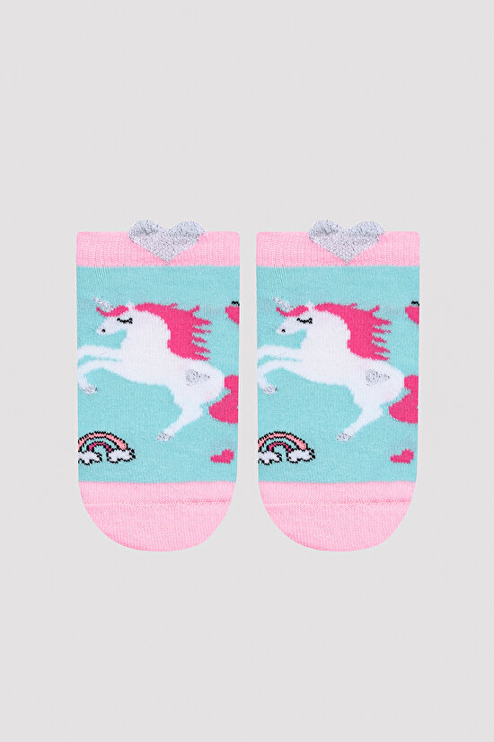 Kız Çocuk Unicorn Kalpli Çok Renkli 3lü Patik Çorap - 10