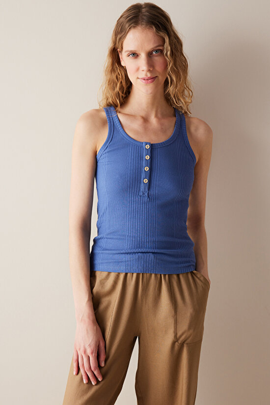 Button Detailed Blue Top - 1