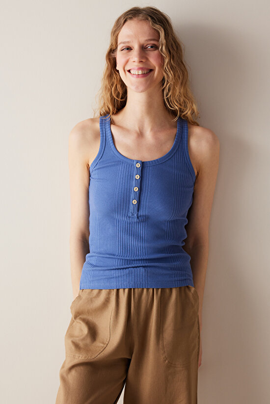Button Detailed Blue Top - 2