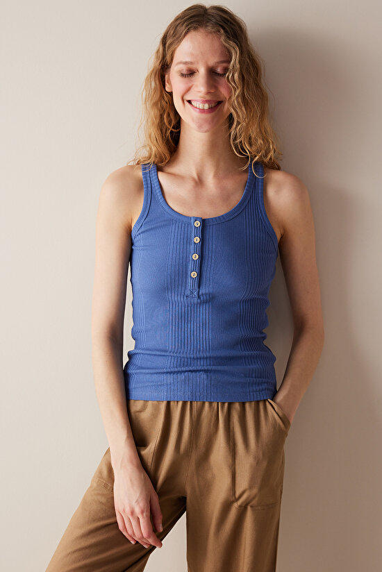 Button Detailed Blue Top - 3