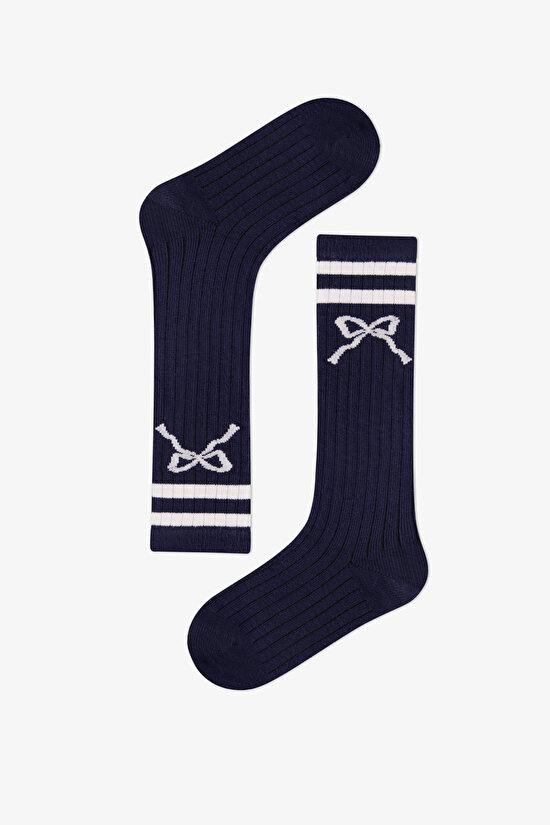 Kız Çocuk Lacivert Melanj Navy Bow Pamuklu Pantolon Çorap - 1