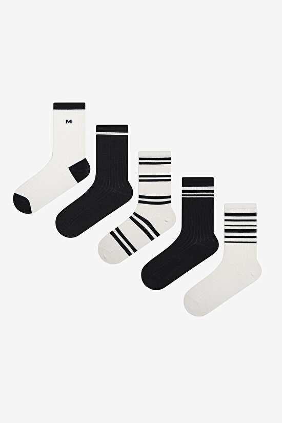 Multi Stripe 5in1 White Black Socket Socks - 1