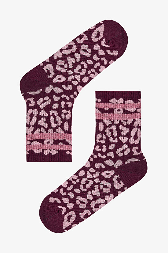 Pembe Bordo Rose Leopard  2li Soket Çorap - 1