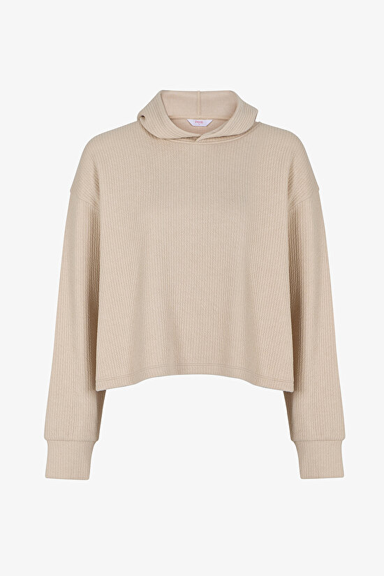 Pastel Bej Fitilli Uzun Kollu Sweatshirt - 1