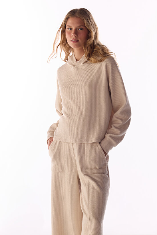 Pastel Bej Fitilli Uzun Kollu Sweatshirt - 2