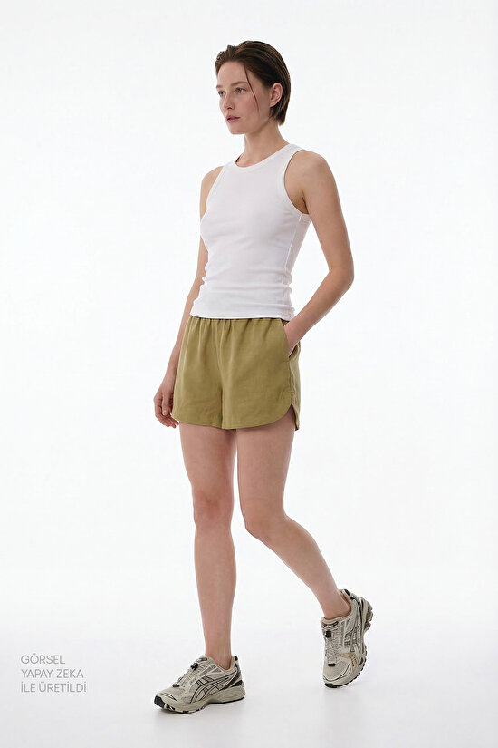 Hardal Keten Yüksek Bel Şort - 5