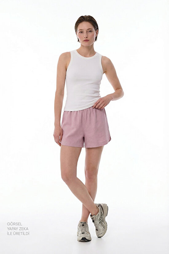 Pembe Keten Yüksek Bel Şort - 4