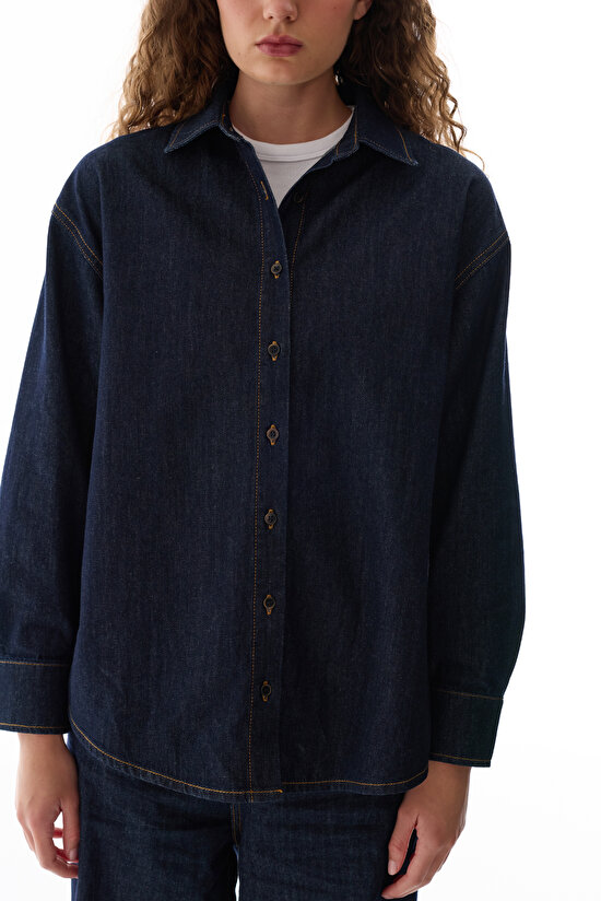 Dark Denim Relax Shirt Long Sleeve Blouse - 3