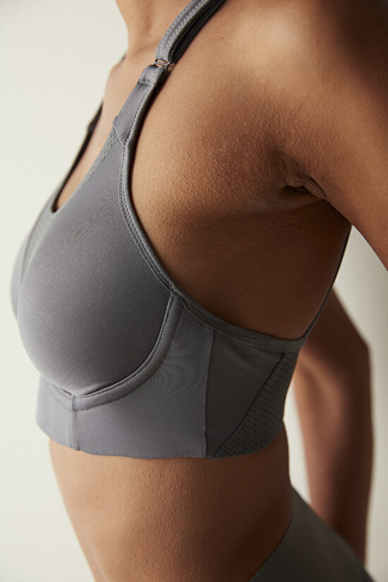 Gri Yüksek Destek Ayarlanabilir Askılı Spor Sütyeni - 5