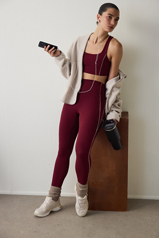 Burgundy Medium Support High Waist Leggings - 5