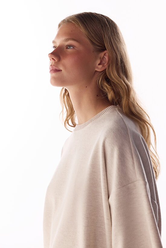 Beige Melange Warm Touch Short Sleeve Oversize Blouse - 3