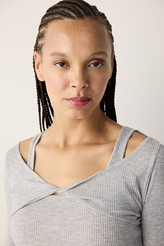 Gri Melanj Çift Katman Uzun Kolluı Üst - 5