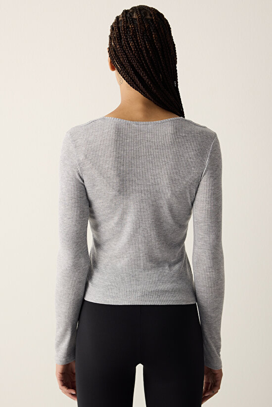 Gri Melanj Çift Katman Uzun Kolluı Üst - 7