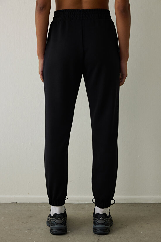 Black Silky Feel Medium Waist Jogger Sweatpants - 3