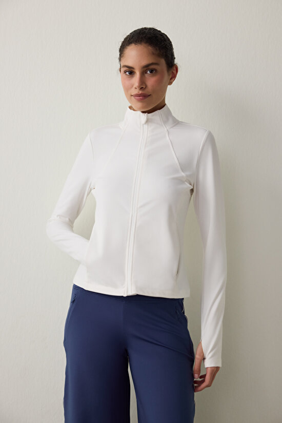 White Thermal Effect Zippered Stand Collar Jacket - 2