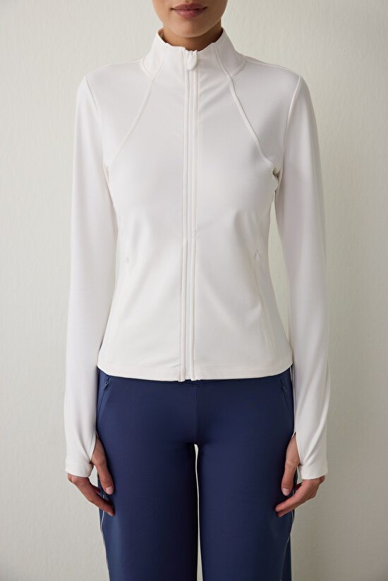White Thermal Effect Zippered Stand Collar Jacket - 3