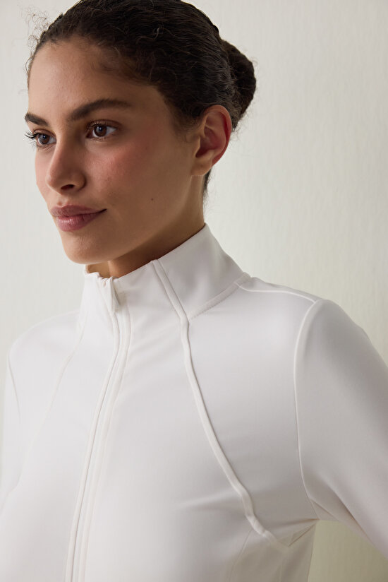 White Thermal Effect Zippered Stand Collar Jacket - 4