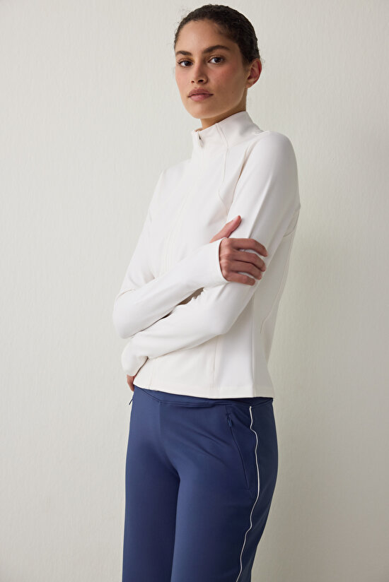 White Thermal Effect Zippered Stand Collar Jacket - 5