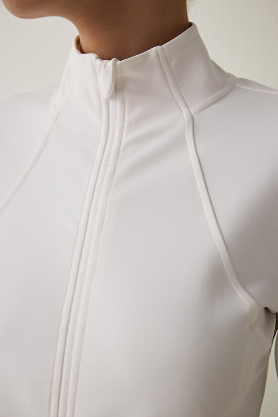 White Thermal Effect Zippered Stand Collar Jacket - 6