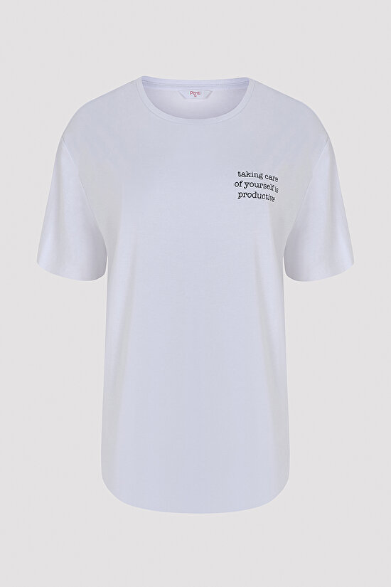 Beyaz Slogan Baskılı Loose Fit Modal Tişört - 7