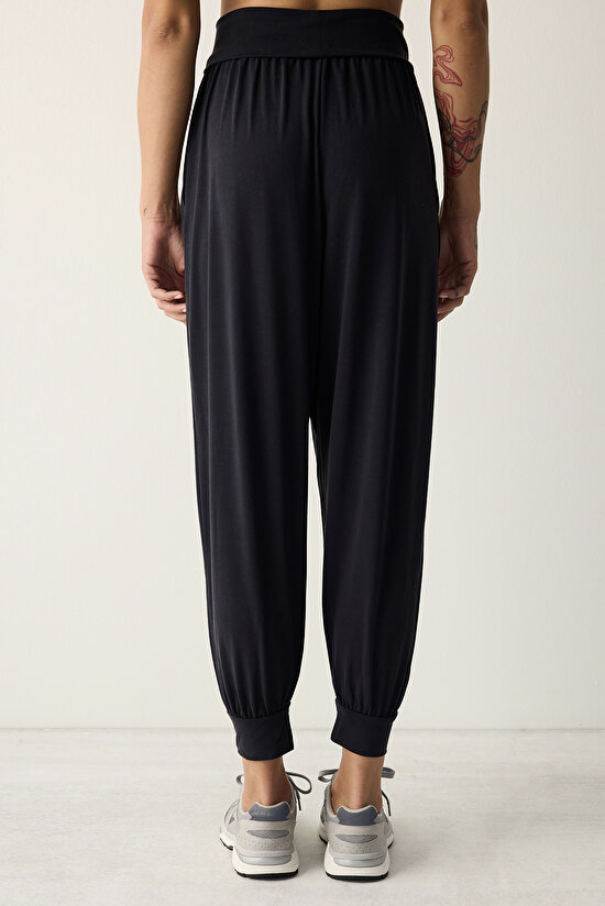 Siyah Yüksek Bel Dökümlü Modal Yoga Pantolonu - 3