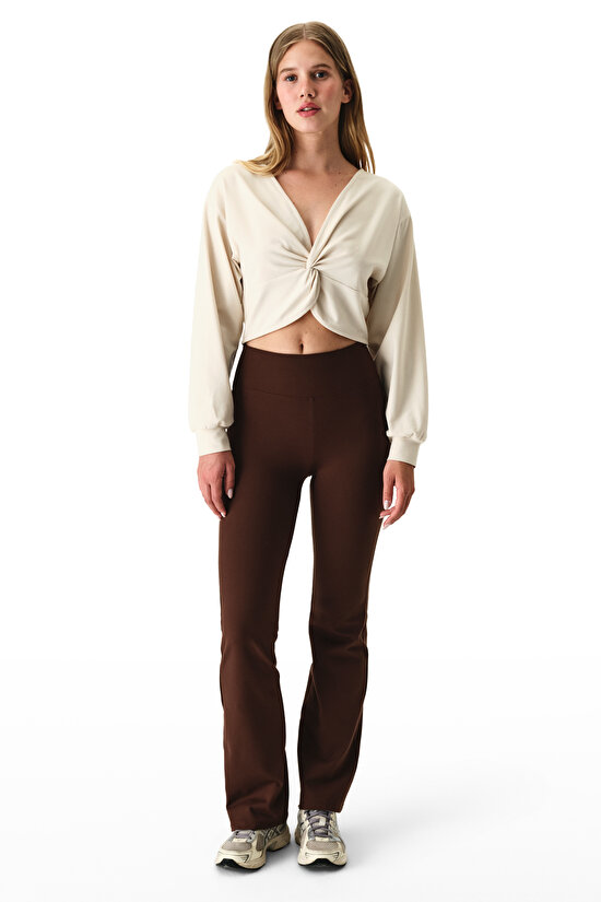 Açık Bej Büzgülü V Yaka Pamuk Modal Karışımlı Sweatshirt - 5