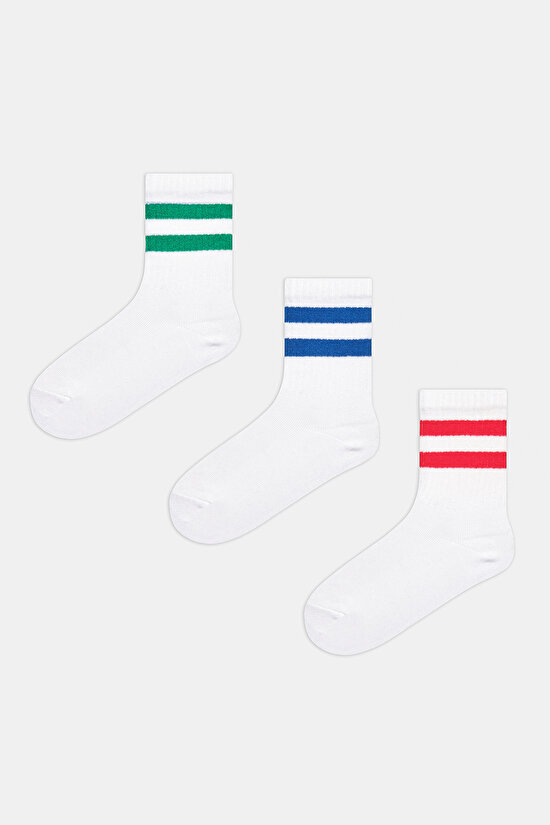 Erkek Çocuk Stripe Beyaz 3 lü Tenis Soket Çorap - 1