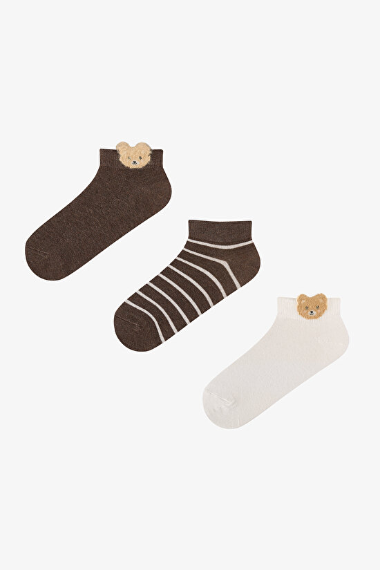 Beyaz Kahve Cute Teddy Bear Pamuklu 3 Çift Patik Çorap - 1