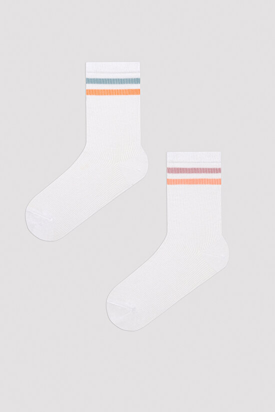 Colorful Stripe Beyaz 2li Soket Çorap - 1
