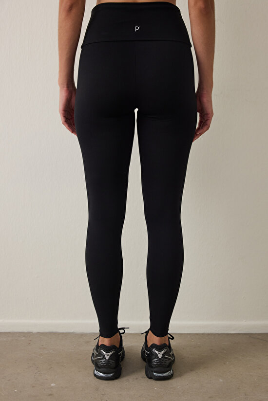 Black High Waist Foldable Leggings - 3