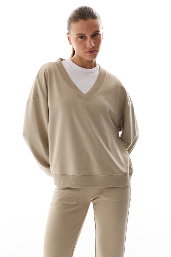 Bej Geniş V Yakalı Sweatshirt - 2