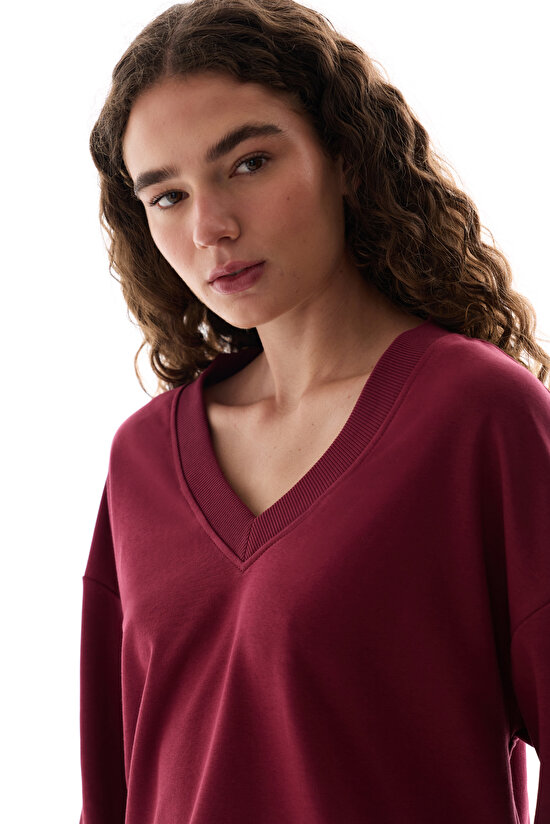 Bordo Geniş V Yaka Uzun Kollu Sweatshirt - 3