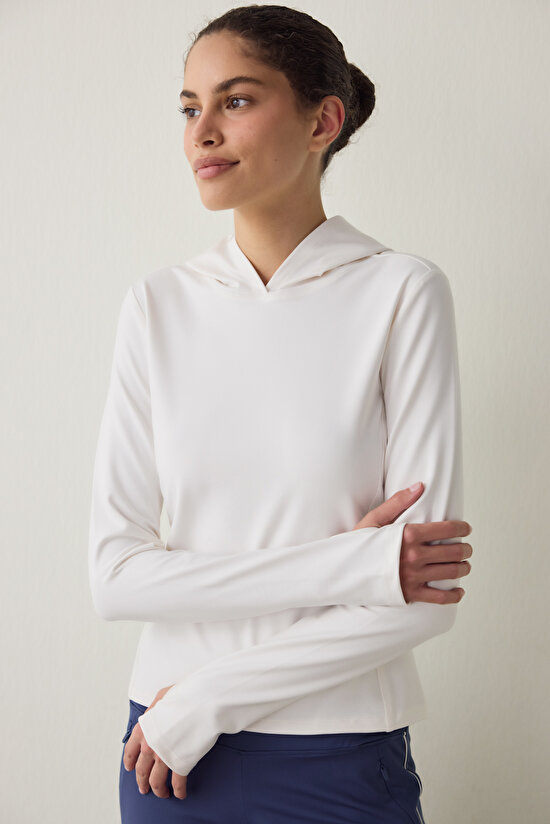 White Thermal Effect Long Sleeve Hooded Top - 1