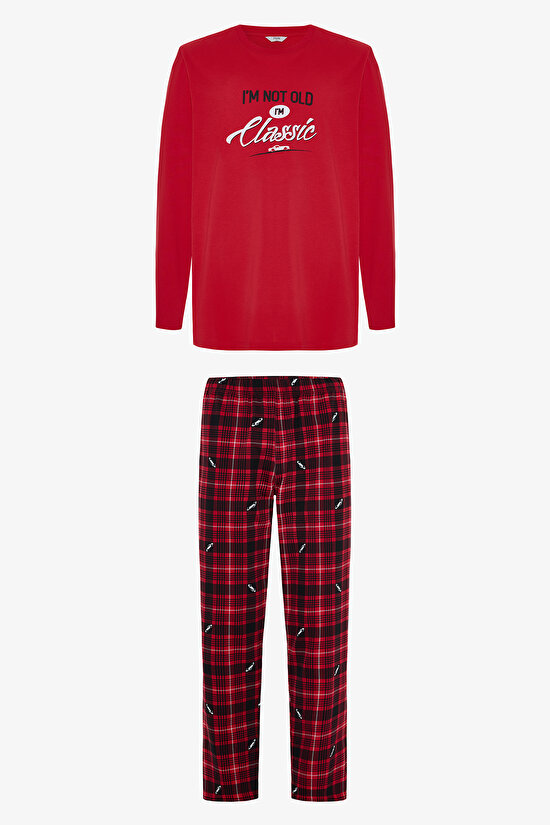 Erkek Klasik Slogan Baskılı Pamuklu Pijama Takımı - 1