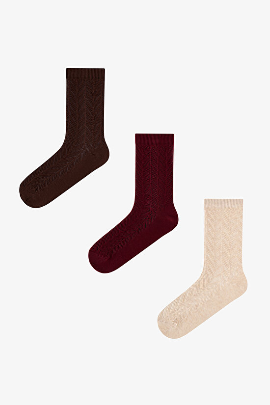 Bordo Bej Braided Colosio Ajur Desenli Pamuklu 3 Çift Soket Çorap - 1