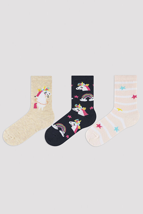 Çok Renkli Girls Rainbow Unicorn 3lü Paket Soket Çorap - 1