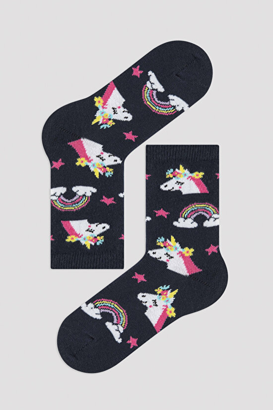 Çok Renkli Girls Rainbow Unicorn 3lü Paket Soket Çorap - 3