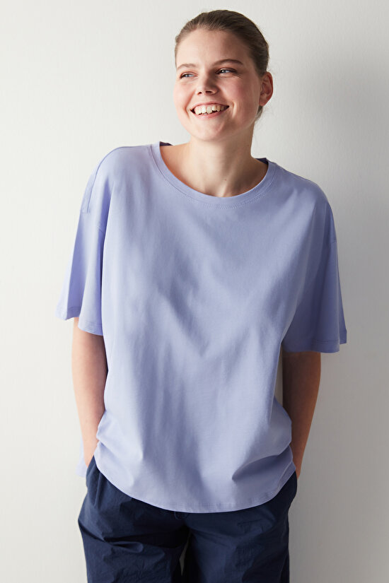 Lila Slogan Baskılı Oversize Tişört - 1